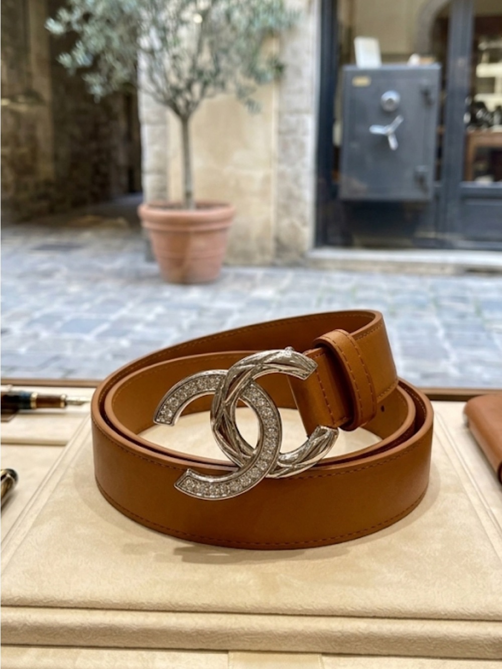 Brand New !!  Tan Brown Leather CC Crystal Logo Belt